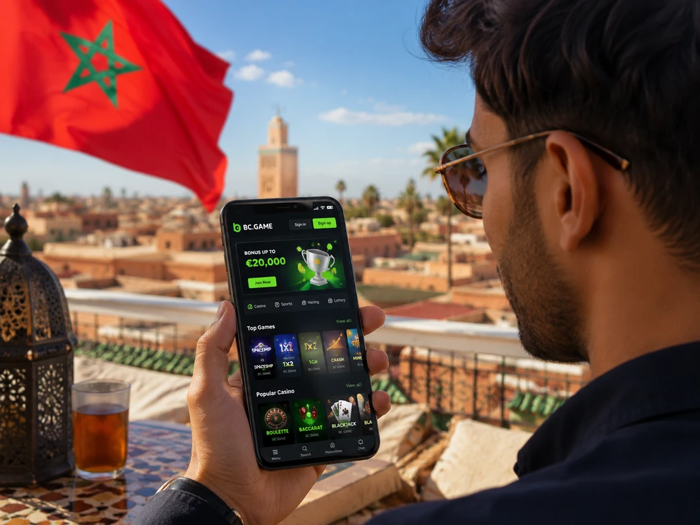 BC Game Morocco mobile app in use with a Marrakech city view